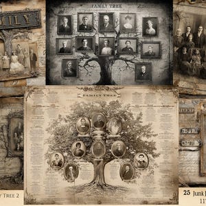 Puede incluir: Una colección de páginas de diario basura de estilo vintage con diseños de árboles genealógicos. Las páginas incluyen retratos en tonos sepia, fotos familiares y el texto "FAMILY TREE" y "FAMILY". Las páginas miden 27,94 cm x 21,59 cm.