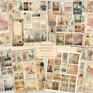 Mais de 75 selos antigos, papéis efêmeros, selos, cortes exigentes, etiquetas para impressão, cartas, selos, adesivos de selos de diário de lixo, selos antigos, efêmeros