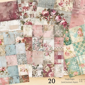 May include: A collection of 20 single pages of junk journal papers. The papers feature a patchwork design with floral and vintage patterns in shades of pink, blue, and cream. The papers measure 11" x 8.5".