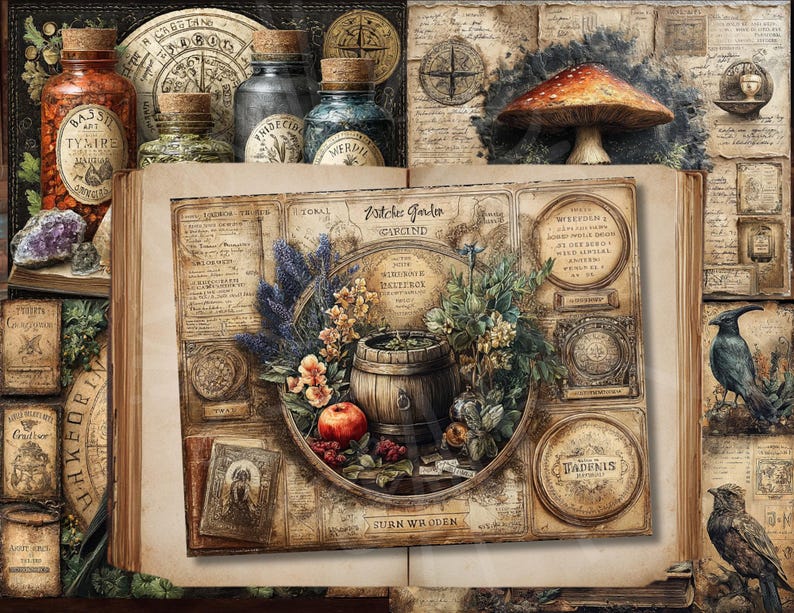 The Witches Garden Printable Papers Junk Journal Collage 25 Grunge ...