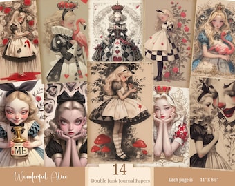 Alice in Wonderland Junk Journal Kit, Printable Scrapbook Papers, Digital Download, Alice Ephemera, Alice in Wonderland Digital Half Papers