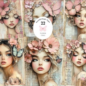 May include: A collage of six illustrations featuring young women adorned with floral headpieces and butterflies. The artwork has a soft, pastel color palette with pinks, creams, and touches of blue. The text "Beautiful Single Pages 22 Flower Girls" is visible.