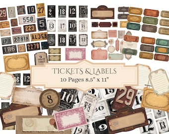 Vintage Labels & Ephemera 60+ JPGs Printable Junk Journal Verzierungen, Vintage Zahlen, digitale Typografie Scrap Zubehör Stempel Ephemera