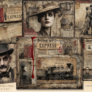 May include: A collage of vintage images with a travel theme, featuring a steam train and portraits. The text "Orient Express" and ticket stubs are also visible. The dimensions are 28 cm x 21.6 cm.