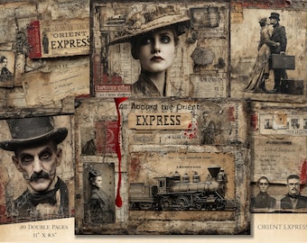 May include: A collage of vintage-style images with a travel theme. The central image features a steam train. Other elements include portraits, tickets, and the text "Orient Express." The dimensions are 11" x 8.5".