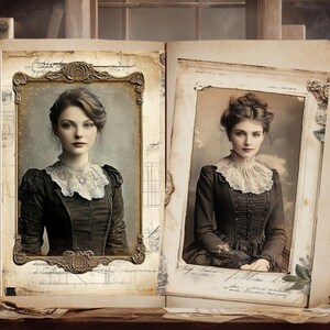 May include: An open antique book displays two vintage portraits of a woman. The portraits are framed with ornate gold detailing. The woman wears a dark dress with a lace collar. The background includes a shelf with books and apothecary bottles.