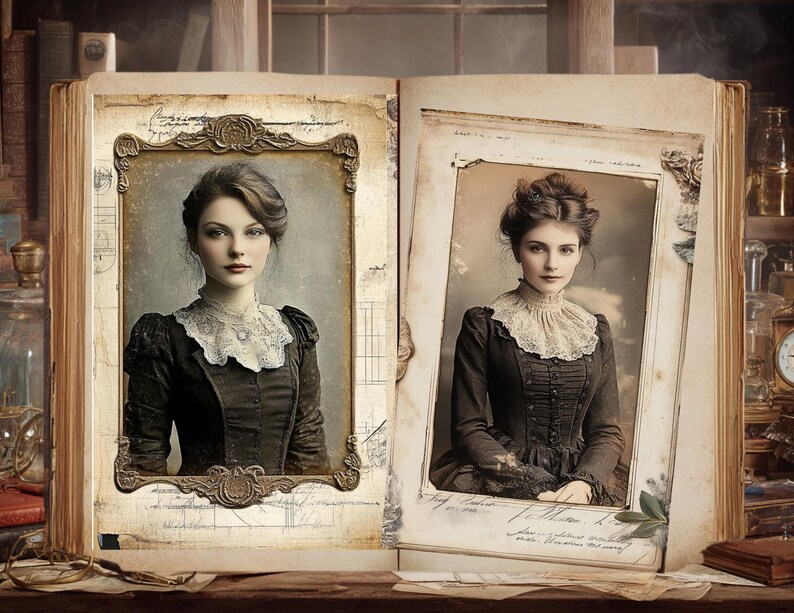 May include: An open antique book displays two vintage portraits of a woman. The portraits are framed with ornate gold detailing. The woman wears a dark dress with a lace collar. The background includes a shelf with books and apothecary bottles.