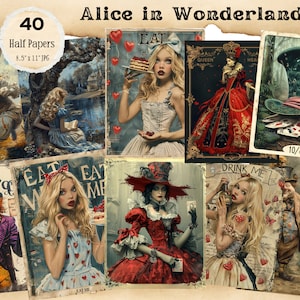 Kit de diário de lixo Alice no país das maravilhas, cartões ATC de Alice no país das maravilhas, itens efêmeros de Alice, papéis digitais de Alice no país das maravilhas, itens efêmeros vintage