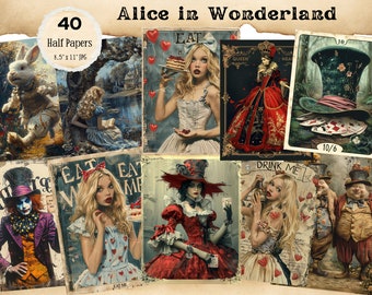 Alice in Wonderland Junk Journal Kit, Alice in wonderland ATC Cards, Alice Ephemera, Alice in Wonderland Digital Papers, Vintage Ephemera
