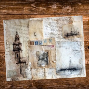 May include: A vintage-style collage on aged paper, featuring architectural sketches, handwritten script, and postage stamps. The artwork includes a clock tower, a building facade, and a sailboat scene, all in muted tones.