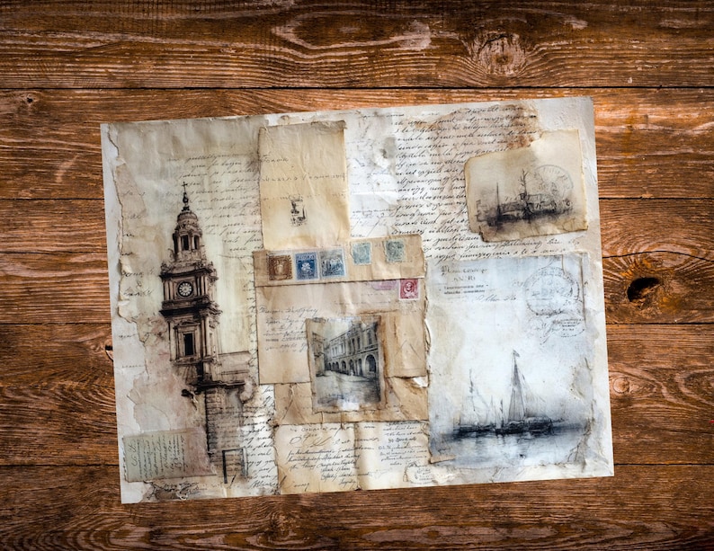 May include: A vintage-style collage on aged paper, featuring architectural sketches, handwritten script, and postage stamps. The artwork includes a clock tower, a building facade, and a sailboat scene, all in muted tones.