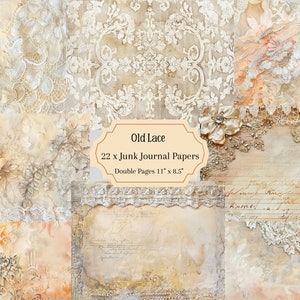 Vintage Spitze Junk Journal, druckbare antike Seiten, digitales Journal mit Spitze, Hochzeit Scrapbook Papier, Spitze Hintergrund, Vintage Spitze Ephemera