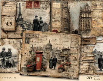 Vintage Cities Printable Papers Junk Journal, Collage 20 Grunge Papers Digital Download