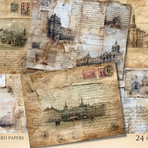 May include: A collection of vintage postcard papers with aged, sepia-toned backgrounds. The papers feature faded illustrations of European cityscapes, handwritten script, and postage stamps. The text "POSTCARD PAPERS" and "24 PAGES" are visible.