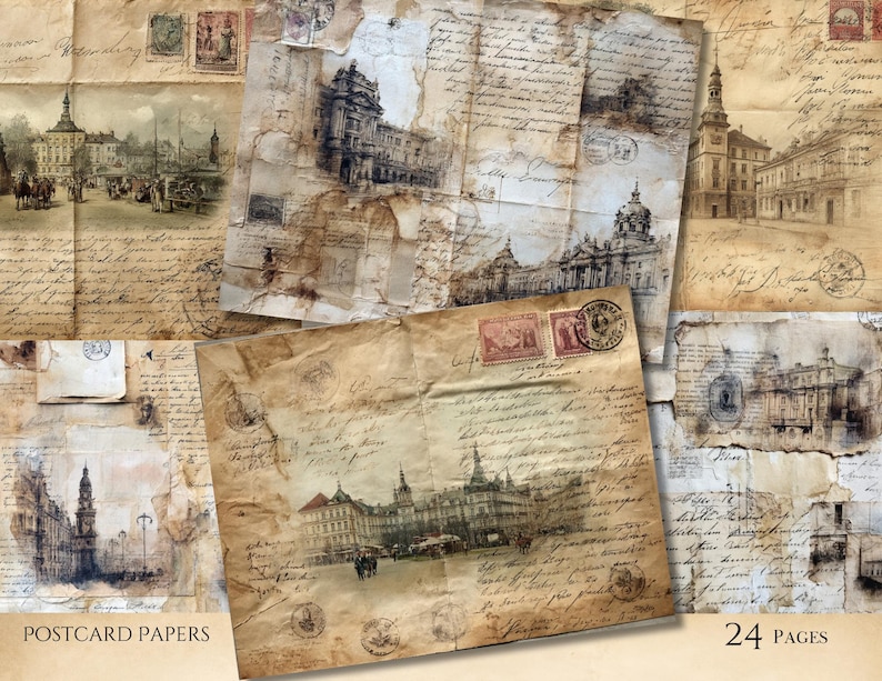 May include: A collection of vintage postcard papers with aged, sepia-toned backgrounds. The papers feature faded illustrations of European cityscapes, handwritten script, and postage stamps. The text "POSTCARD PAPERS" and "24 PAGES" are visible.