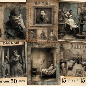 Puede incluir: Un collage de impresiones vintage con una estética desgastada. Las imágenes representan escenas de un asilo, con figuras angustiadas y el texto "BEDLAM ASYLUM" y "30 Pages". Las dimensiones son 27,94 cm x 21,59 cm y 21,59 cm x 27,94 cm.