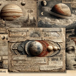 Puede incluir: Un collage de estilo vintage que presenta ilustraciones de planetas, cuerpos celestes y elementos arquitectónicos. La obra de arte incorpora texturas de papel envejecido, texto manuscrito y una máquina de escribir. La paleta de colores es principalmente sepia, con toques de rojo y azul.