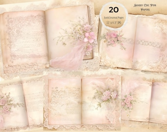 Op de afbeelding: 20 digitale scrapbook-papieren in een shabby chic roze thema. Elk papier heeft een vintage boek met kantversiering en delicate bloemenontwerpen. De papieren zijn 11 inch bij 8,5 inch en zijn in JPG-formaat.