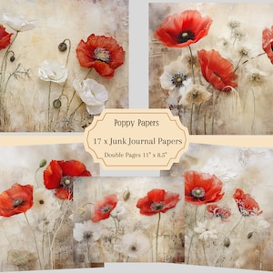 Mohnblumen Junk Journal, Mohnblumen Junk Journal Kit, Blumen Junk Journal bedruckbar, digitale Collage Papiere, Mohnblumen Ephemera, Blumen Ephemera,
