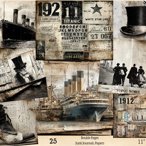 Puede incluir: Un collage de imágenes y texto de estilo vintage relacionados con el Titanic. Incluye ilustraciones del barco, pasajeros y objetos relacionados. El texto incluye "Titanic Sinks", "1912" y "11" sobre un fondo de papel envejecido. Dimensiones: 27,9 cm x 21,6 cm.
