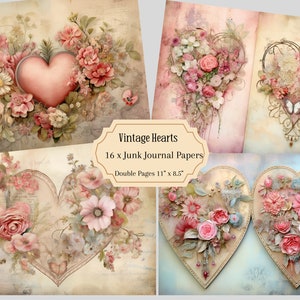 Vintage Hearts Junk Journal, druckbare antike Seiten Vintage Heart digitales Journal Hochzeit Scrapbook Papier, Vintage Ephemera mit Spitzenhintergrund