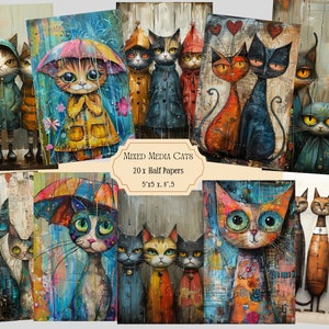 Kit de carnet de bord pour chats, 26 demi-pages, papiers de scrapbooking imprimables chats, téléchargement numérique, éphémères de chats, demi-papiers numériques drôles de chats, chats