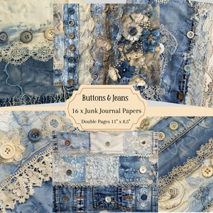 Diário de lixo de jeans, páginas antigas imprimíveis, diário digital de jeans vintage, fundo de jeans, coisas efêmeras vintage, papéis digitais de jeans
