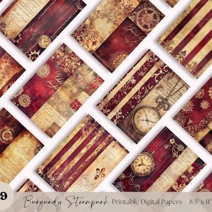 Steampunk Papers, Burgundy Gold Digital Papers, Carta digitale A4, Damasco, Texture anticata, Strisce Carte a strisce astratte Uso commerciale