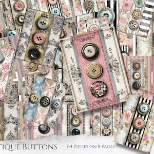 May include: A collection of antique buttons displayed on decorative cards. The cards have floral and striped patterns in pink, blue, and cream. The buttons vary in size, colour, and design, with floral and metallic details. The text "ANTIQUE BUTTONS" is visible.
