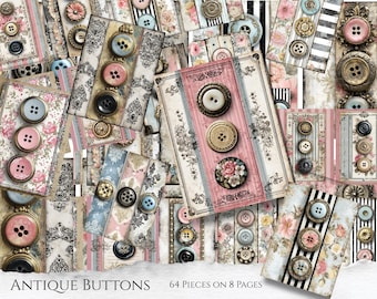 Printable Button Cards Junk Journal Kit Ephemera Vintage Sewing Cards Digital Download 8 Pages of Decorative Buttons