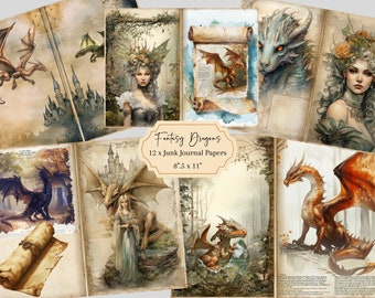 Dragon Junk Journal Dragons Printable Pages, Fantasy Collage Printables Fantasy Kit Dragon Junk Journal Paper Dragons Ephemera Fussy Cuts