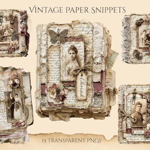 Può includere: Una collezione di 15 ritagli di carta digitale con elementi per scrapbooking in stile vintage. Ogni pezzo include texture di carta invecchiata, ritratti color seppia, finiture in pizzo, fiori in tessuto, spago e decorazioni in metallo con il testo VINTAGE PAPER SNIPPETS.