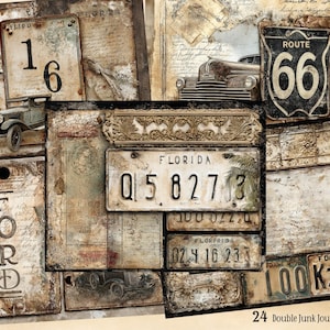 Könnte beinhalten: Eine Collage im Vintage-Stil mit alten Nummernschildern, einem Route 66-Schild und Oldtimern. Das Design zeigt gealterte Papiertapeten, verblasste Farben und den Text "FLORIDA" und "FORD". Die Seiten messen 27,9 cm x 21,6 cm.