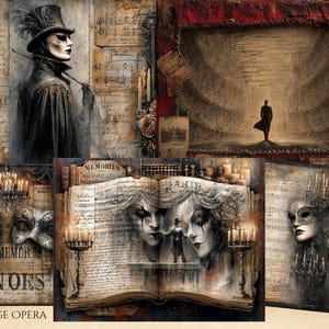 May include: A collage of vintage-style illustrations with a grunge opera theme. The artwork features masked figures, sheet music, and theatrical elements in muted tones of brown, gray, and red. The text "GRUNGE OPERA" is at the bottom.