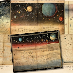 May include: A collection of vintage astrology charts and journal pages. The charts feature celestial illustrations of planets and stars against a dark background. The text "20 Double Journal Pages 21.59 cm x 27.94 cm" is visible. The words "Vintage Astrology Charts" are also visible.
