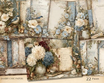 Shabby Chic Junk Journal, 22 Floral printable Pages, Digital Download