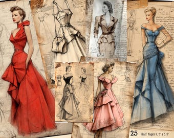 Vintage Fashion Journaling Papers printable ephemera, digital junk journal paper, collage sheet, grunge scrapbook, vintage fashion journal