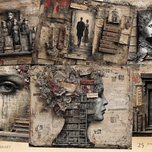 Può includere: Un collage di immagini e texture in stile vintage, con ritratti, elementi architettonici e pagine di libri. I testi "GRUNGE LIBRARY" e "25 JUNK JOURNAL PAGES" sono visibili. La tavolozza dei colori è principalmente seppia con tocchi di rosso.