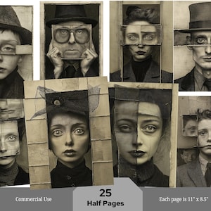 Vintage Photo Collection Distorted Quirky Black and White 25 Half Papers Vintage Photos,  Images for junk journals Old Portrait, Ephemera