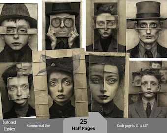 Vintage Photo Collection Distorted Quirky Black and White 25 Half Papers Vintage Photos,  Images for junk journals Old Portrait, Ephemera
