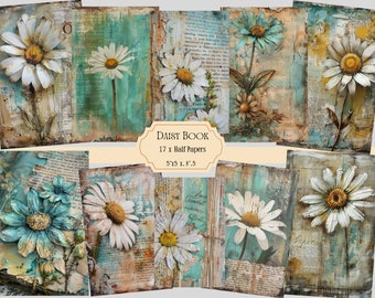 May include: A set of 17 digital papers featuring a daisy theme. The papers are a mix of white, blue, and brown with a vintage, distressed look. The papers are 5 x 5.3 inches.