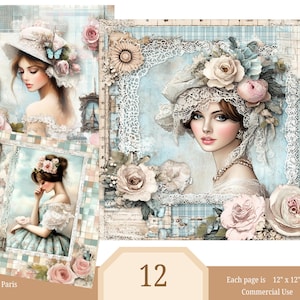 Clipart vintage de Paris, cartão postal de Paris, clipart aquarela para impressão, 12 JPG de alta qualidade, download digital, artesanato em papel Shabby Chic Lace