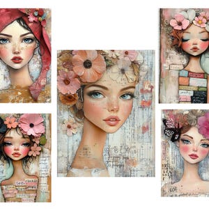 May include: A collection of five artistic portraits of women with floral and butterfly accents. Each portrait features a woman with delicate features, adorned with flowers and butterflies, set against a textured background with soft colors.