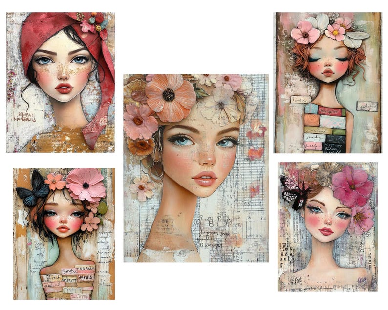 May include: A collection of five artistic portraits of women with floral and butterfly accents. Each portrait features a woman with delicate features, adorned with flowers and butterflies, set against a textured background with soft colors.