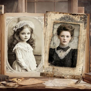 May include: An open antique book displays two vintage portraits. One shows a young girl in a white dress and lace headpiece. The other features a woman in a black dress with a lace collar. The portraits are framed within the book's pages.