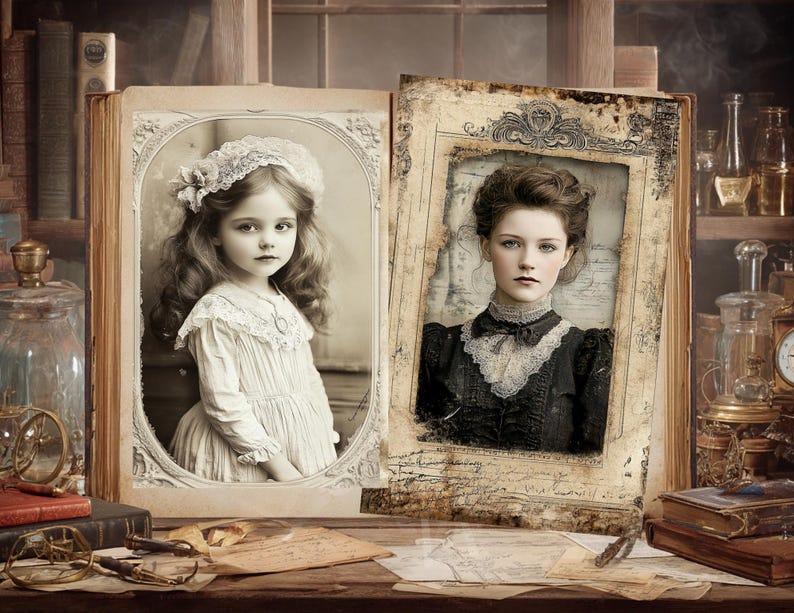 May include: An open antique book displays two vintage portraits. One shows a young girl in a white dress and lace headpiece. The other features a woman in a black dress with a lace collar. The portraits are framed within the book's pages.