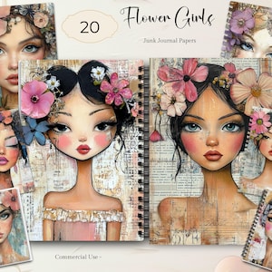 Kit de diario basura con técnica mixta para niñas caprichosas, descarga digital, papel para álbum de recortes JPG, hoja de collage floral de bosque, fondos imprimibles coloridos