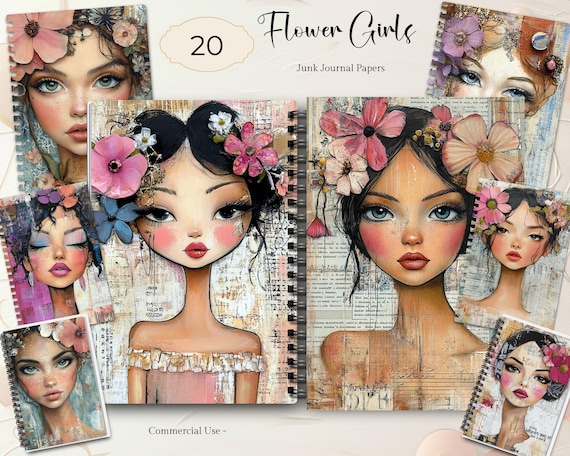 Whimsical Girls Junk Journal 20 JPG Papers Scrapbooking Quirky Girls Flower Collage Sheet Ephemera Paper Craft Flower Girls Mixed Media
