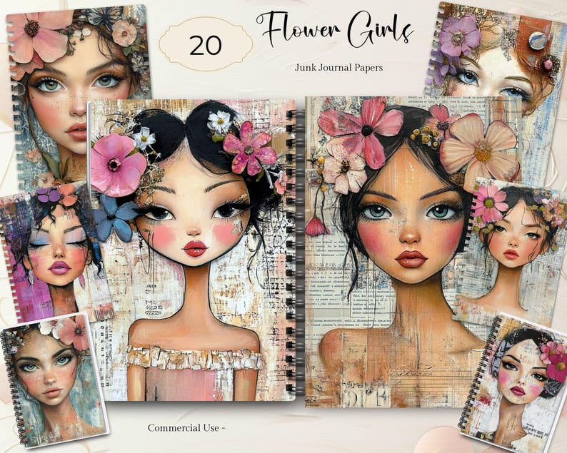 May include: A collection of "Flower Girls" junk journal papers. The artwork features illustrations of women with floral headpieces, soft skin tones, and expressive eyes. The journals are spiral-bound.