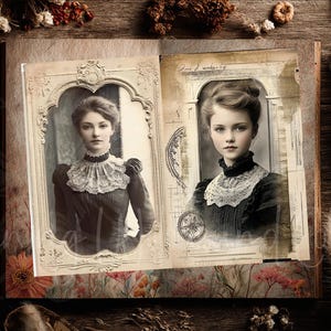 May include: Vintage-style open book with two portraits of a woman in a dark dress with a lace collar. The portraits are in ornate frames. The book is surrounded by dried flowers and decorative elements, creating a nostalgic aesthetic.